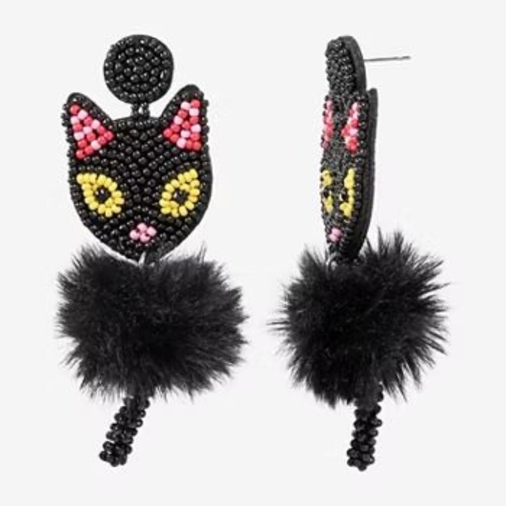 JCPenney Bijoux Bar Halloween 2024 Beaded Black Kitty Earrings, NWT